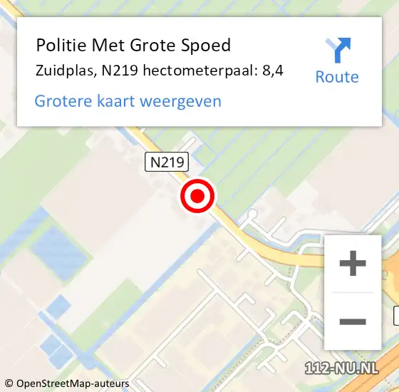 Locatie op kaart van de 112 melding: Politie Met Grote Spoed Naar Zuidplas, N219 hectometerpaal: 8,4 op 10 januari 2024 12:16