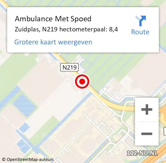 Locatie op kaart van de 112 melding: Ambulance Met Spoed Naar Zuidplas, N219 hectometerpaal: 8,4 op 10 januari 2024 12:16