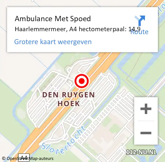 Locatie op kaart van de 112 melding: Ambulance Met Spoed Naar Haarlemmermeer, A4 hectometerpaal: 14,9 op 10 januari 2024 12:33