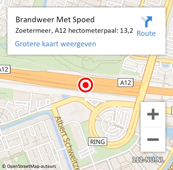 Locatie op kaart van de 112 melding: Brandweer Met Spoed Naar Zoetermeer, A12 hectometerpaal: 13,2 op 10 januari 2024 12:34