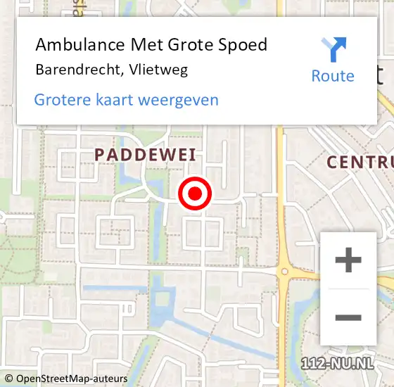 Locatie op kaart van de 112 melding: Ambulance Met Grote Spoed Naar Barendrecht, Vlietweg op 10 januari 2024 12:46