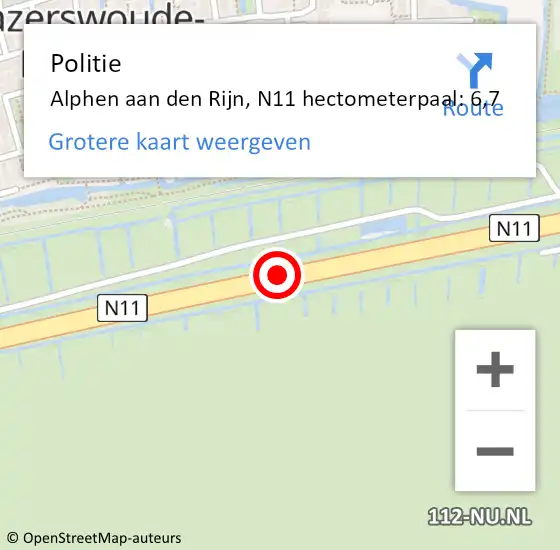 Locatie op kaart van de 112 melding: Politie Alphen aan den Rijn, N11 hectometerpaal: 6,7 op 10 januari 2024 12:49