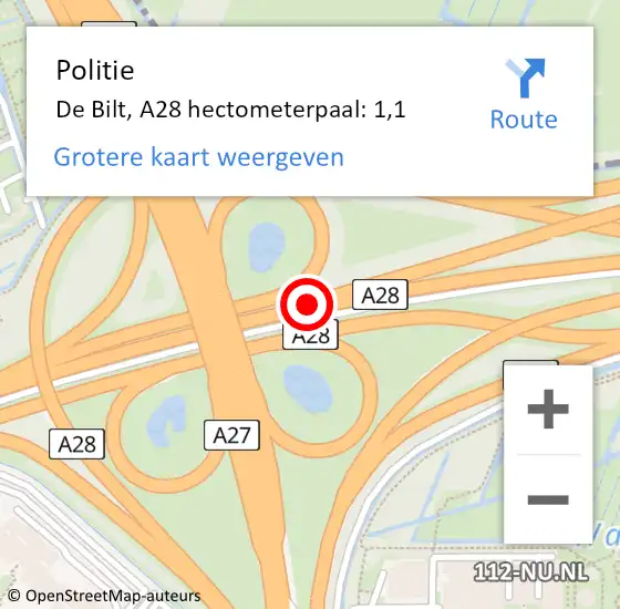 Locatie op kaart van de 112 melding: Politie De Bilt, A28 hectometerpaal: 1,1 op 10 januari 2024 14:41