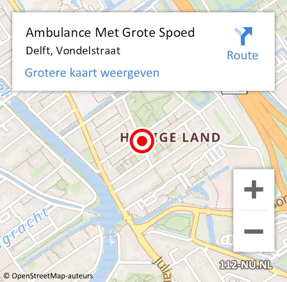 Locatie op kaart van de 112 melding: Ambulance Met Grote Spoed Naar Delft, Vondelstraat op 10 januari 2024 15:45