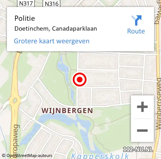 Locatie op kaart van de 112 melding: Politie Doetinchem, Canadaparklaan op 10 januari 2024 15:48