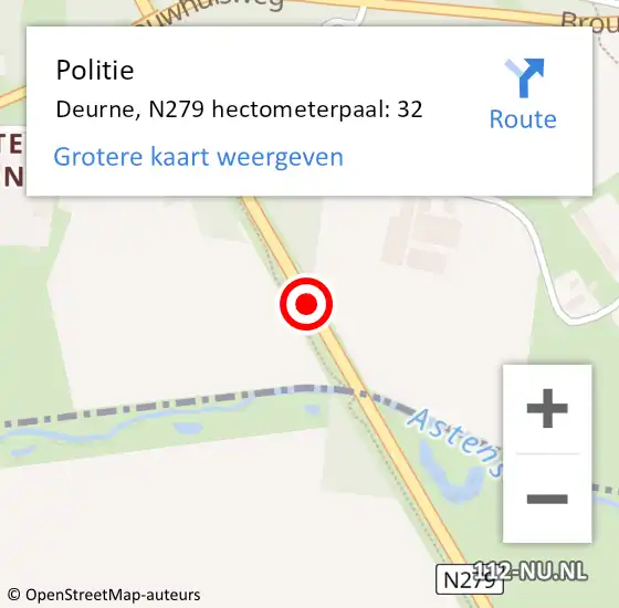 Locatie op kaart van de 112 melding: Politie Deurne, N279 hectometerpaal: 32 op 10 januari 2024 16:02
