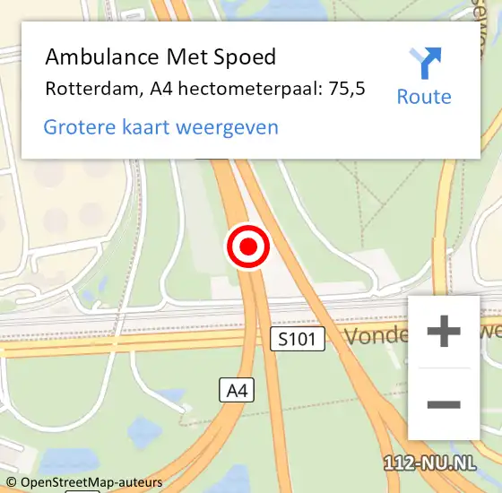 Locatie op kaart van de 112 melding: Ambulance Met Spoed Naar Rotterdam, A4 hectometerpaal: 75,5 op 10 januari 2024 16:21