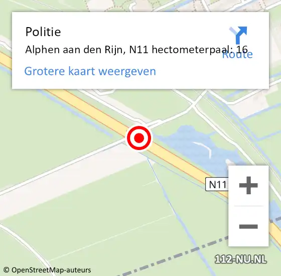 Locatie op kaart van de 112 melding: Politie Alphen aan den Rijn, N11 hectometerpaal: 16 op 10 januari 2024 16:53