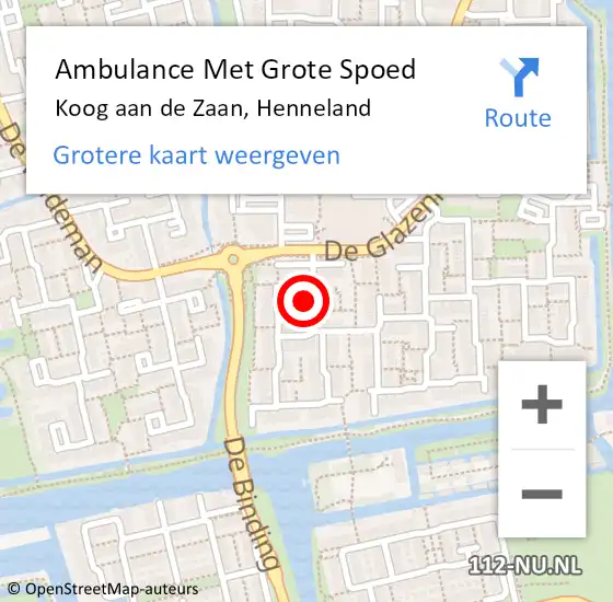 Locatie op kaart van de 112 melding: Ambulance Met Grote Spoed Naar Koog aan de Zaan, Henneland op 10 januari 2024 20:55