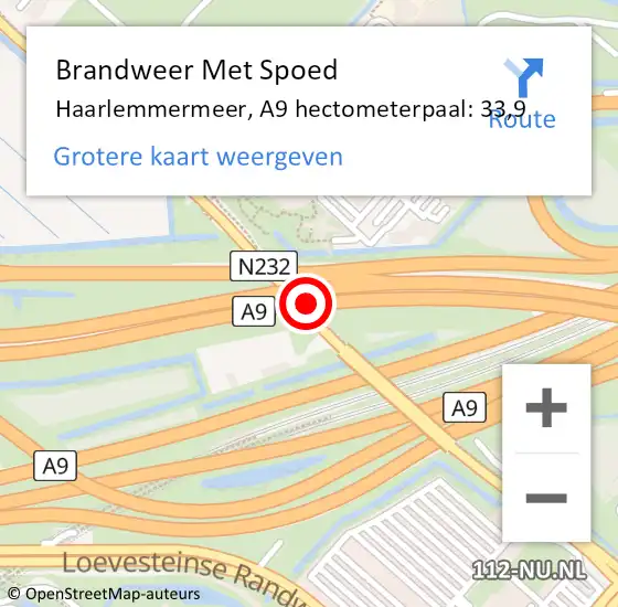 Locatie op kaart van de 112 melding: Brandweer Met Spoed Naar Haarlemmermeer, A9 hectometerpaal: 33,9 op 11 januari 2024 06:39