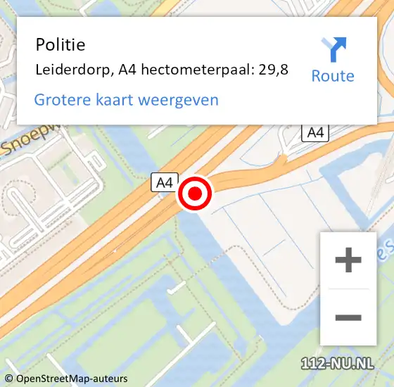 Locatie op kaart van de 112 melding: Politie Leiderdorp, A4 hectometerpaal: 29,8 op 11 januari 2024 07:10