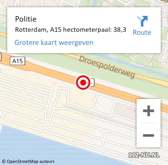 Locatie op kaart van de 112 melding: Politie Rotterdam, A15 hectometerpaal: 38,3 op 11 januari 2024 07:10