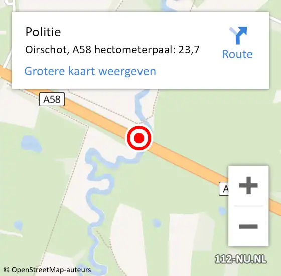 Locatie op kaart van de 112 melding: Politie Oirschot, A58 hectometerpaal: 23,7 op 11 januari 2024 07:48