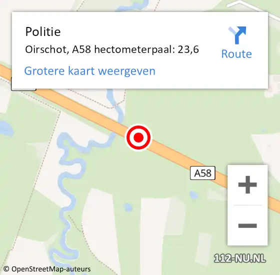 Locatie op kaart van de 112 melding: Politie Oirschot, A58 hectometerpaal: 23,6 op 11 januari 2024 07:48