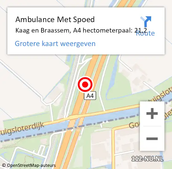 Locatie op kaart van de 112 melding: Ambulance Met Spoed Naar Kaag en Braassem, A4 hectometerpaal: 21,2 op 11 januari 2024 08:03