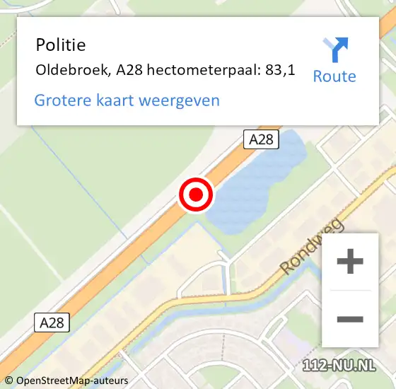 Locatie op kaart van de 112 melding: Politie Oldebroek, A28 hectometerpaal: 83,1 op 11 januari 2024 08:45