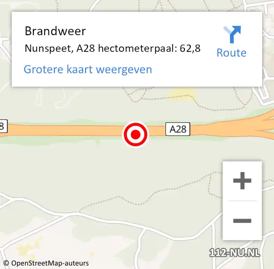 Locatie op kaart van de 112 melding: Brandweer Nunspeet, A28 hectometerpaal: 62,8 op 11 januari 2024 11:23