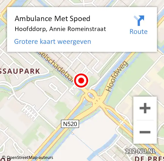 Locatie op kaart van de 112 melding: Ambulance Met Spoed Naar Hoofddorp, Annie Romeinstraat op 11 januari 2024 13:49