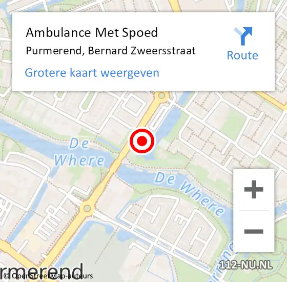 Locatie op kaart van de 112 melding: Ambulance Met Spoed Naar Purmerend, Bernard Zweersstraat op 11 januari 2024 14:11