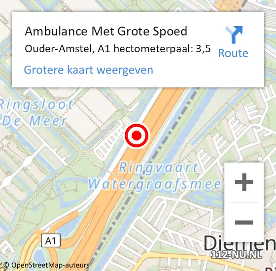 Locatie op kaart van de 112 melding: Ambulance Met Grote Spoed Naar Ouder-Amstel, A1 hectometerpaal: 3,5 op 11 januari 2024 17:26