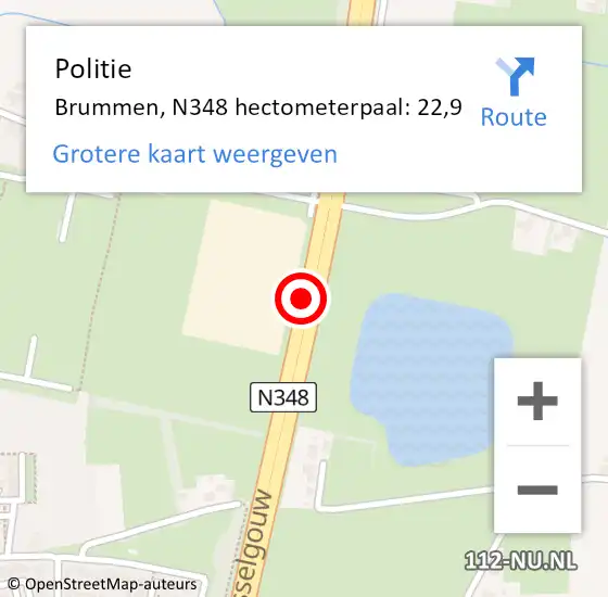 Locatie op kaart van de 112 melding: Politie Brummen, N348 hectometerpaal: 22,9 op 11 januari 2024 17:28