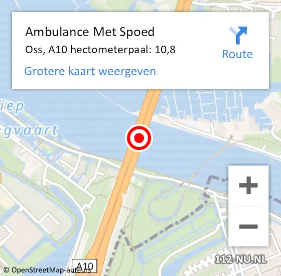 Locatie op kaart van de 112 melding: Ambulance Met Spoed Naar Oss, A10 hectometerpaal: 10,8 op 11 januari 2024 18:16