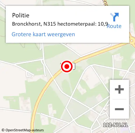 Locatie op kaart van de 112 melding: Politie Bronckhorst, N315 hectometerpaal: 10,9 op 11 januari 2024 18:25
