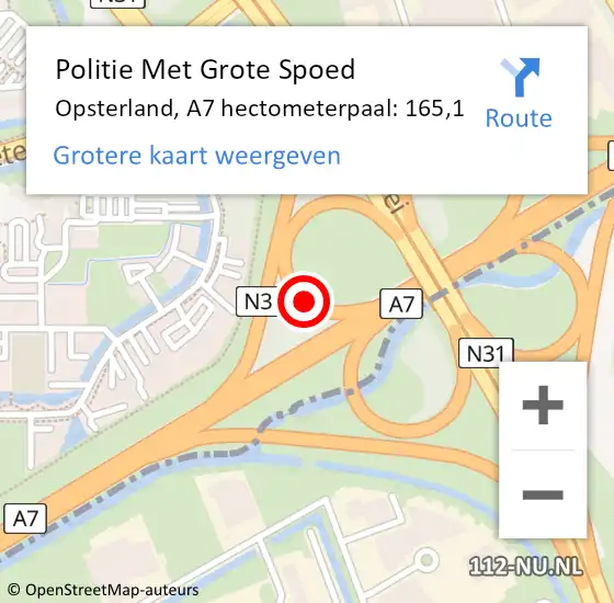 Locatie op kaart van de 112 melding: Politie Met Grote Spoed Naar Opsterland, A7 hectometerpaal: 165,1 op 11 januari 2024 19:10