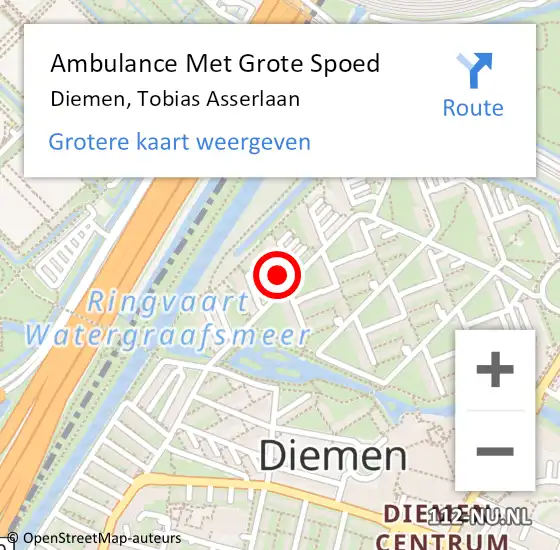 Locatie op kaart van de 112 melding: Ambulance Met Grote Spoed Naar Diemen, Tobias Asserlaan op 11 januari 2024 19:36