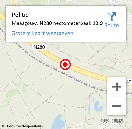 Locatie op kaart van de 112 melding: Politie Maasgouw, N280 hectometerpaal: 13,9 op 11 januari 2024 20:41