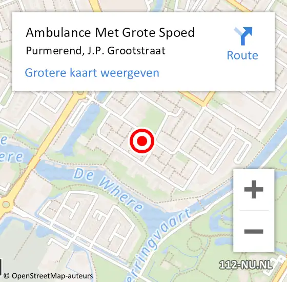 Locatie op kaart van de 112 melding: Ambulance Met Grote Spoed Naar Purmerend, J.P. Grootstraat op 11 januari 2024 20:57