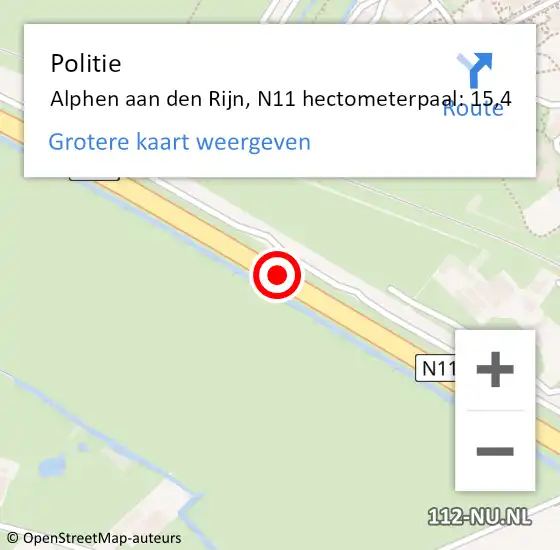 Locatie op kaart van de 112 melding: Politie Alphen aan den Rijn, N11 hectometerpaal: 15,4 op 11 januari 2024 21:14