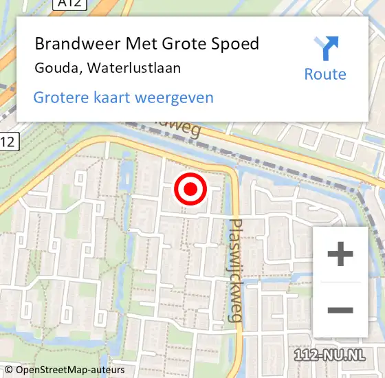 Locatie op kaart van de 112 melding: Brandweer Met Grote Spoed Naar Gouda, Waterlustlaan op 12 januari 2024 08:12