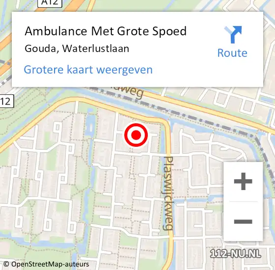 Locatie op kaart van de 112 melding: Ambulance Met Grote Spoed Naar Gouda, Waterlustlaan op 12 januari 2024 08:12