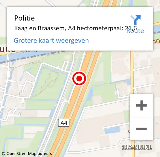 Locatie op kaart van de 112 melding: Politie Kaag en Braassem, A4 hectometerpaal: 21,6 op 12 januari 2024 08:16