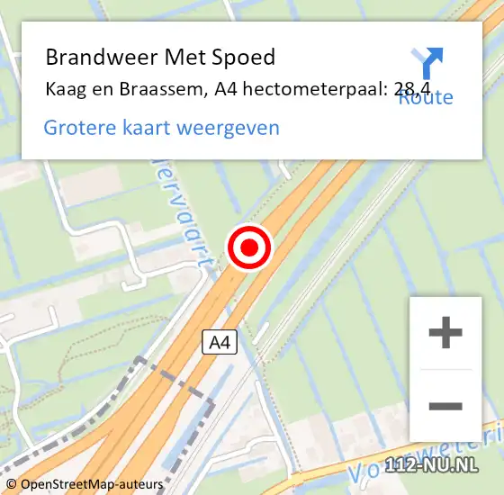 Locatie op kaart van de 112 melding: Brandweer Met Spoed Naar Kaag en Braassem, A4 hectometerpaal: 28,4 op 12 januari 2024 14:58