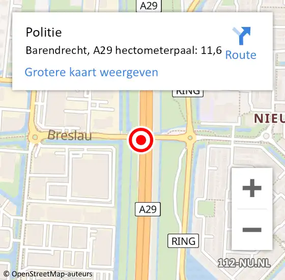 Locatie op kaart van de 112 melding: Politie Barendrecht, A29 hectometerpaal: 11,6 op 12 januari 2024 15:43