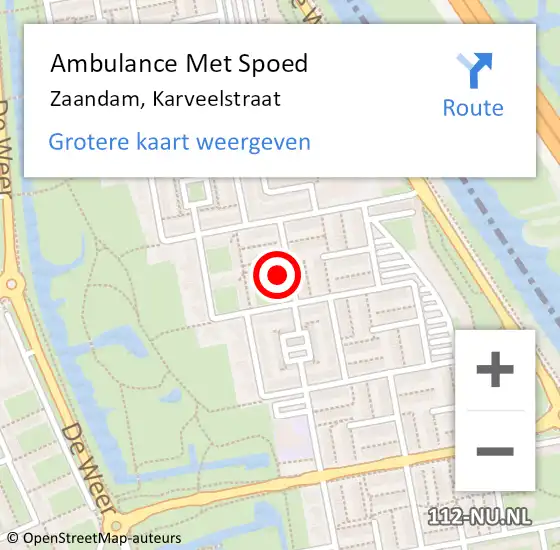 Locatie op kaart van de 112 melding: Ambulance Met Spoed Naar Zaandam, Karveelstraat op 12 januari 2024 15:56