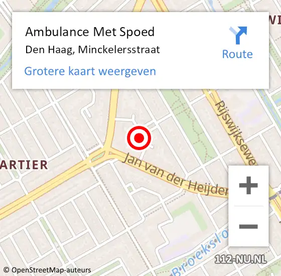 Locatie op kaart van de 112 melding: Ambulance Met Spoed Naar Den Haag, Minckelersstraat op 12 januari 2024 16:25