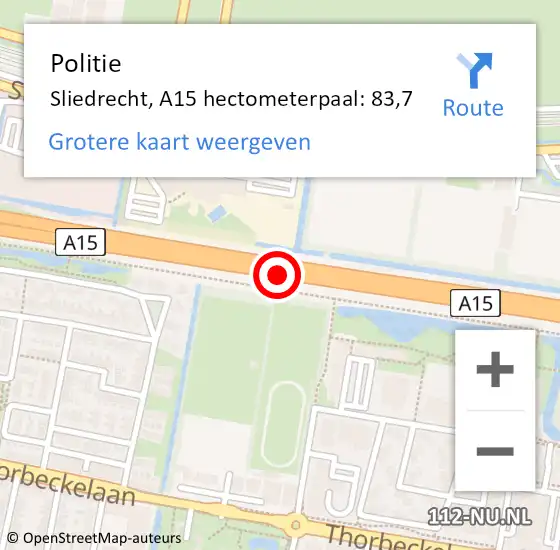 Locatie op kaart van de 112 melding: Politie Sliedrecht, A15 hectometerpaal: 83,7 op 12 januari 2024 17:41