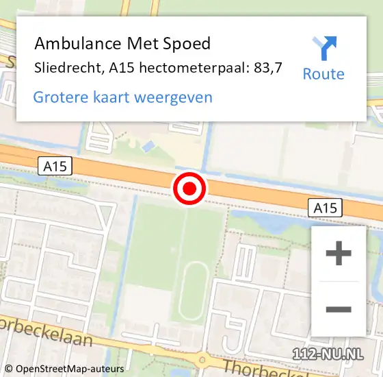 Locatie op kaart van de 112 melding: Ambulance Met Spoed Naar Sliedrecht, A15 hectometerpaal: 83,7 op 12 januari 2024 17:44