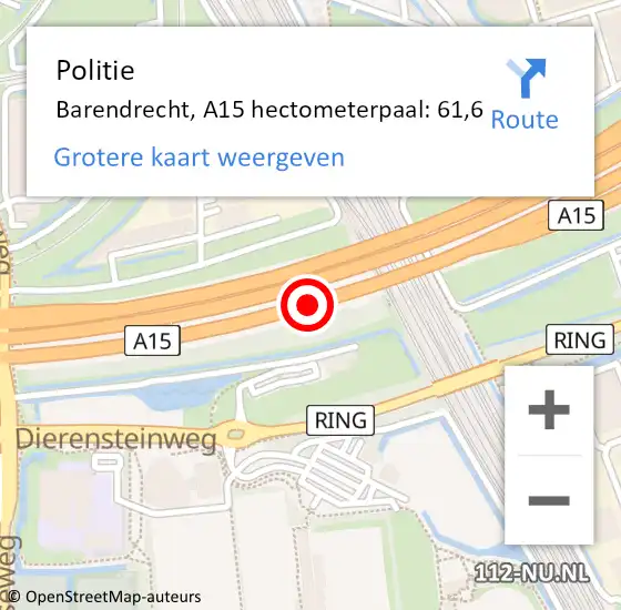 Locatie op kaart van de 112 melding: Politie Barendrecht, A15 hectometerpaal: 61,6 op 12 januari 2024 19:16