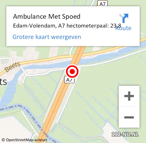 Locatie op kaart van de 112 melding: Ambulance Met Spoed Naar Edam-Volendam, A7 hectometerpaal: 23,8 op 12 januari 2024 21:55