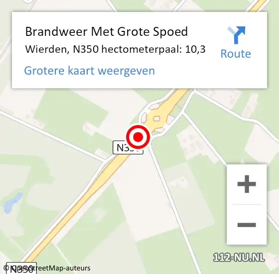 Locatie op kaart van de 112 melding: Brandweer Met Grote Spoed Naar Wierden, N350 hectometerpaal: 10,3 op 12 januari 2024 21:57