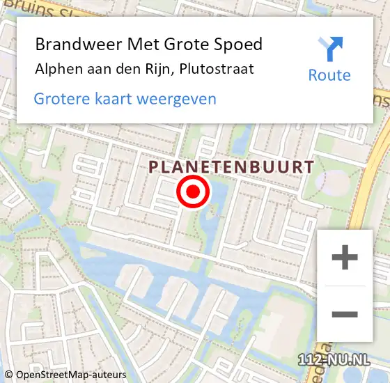 Locatie op kaart van de 112 melding: Brandweer Met Grote Spoed Naar Alphen aan den Rijn, Plutostraat op 12 januari 2024 22:48