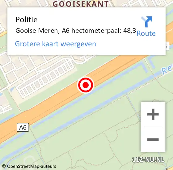 Locatie op kaart van de 112 melding: Politie Gooise Meren, A6 hectometerpaal: 48,3 op 13 januari 2024 04:51