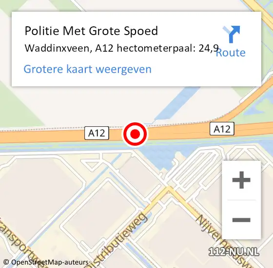 Locatie op kaart van de 112 melding: Politie Met Grote Spoed Naar Waddinxveen, A12 hectometerpaal: 24,9 op 13 januari 2024 15:04