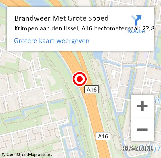 Locatie op kaart van de 112 melding: Brandweer Met Grote Spoed Naar Krimpen aan den IJssel, A16 hectometerpaal: 22,8 op 13 januari 2024 15:11