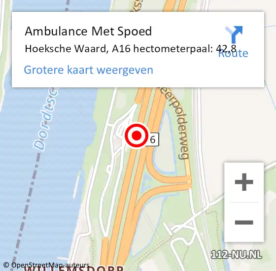 Locatie op kaart van de 112 melding: Ambulance Met Spoed Naar Hoeksche Waard, A16 hectometerpaal: 42,8 op 13 januari 2024 18:05