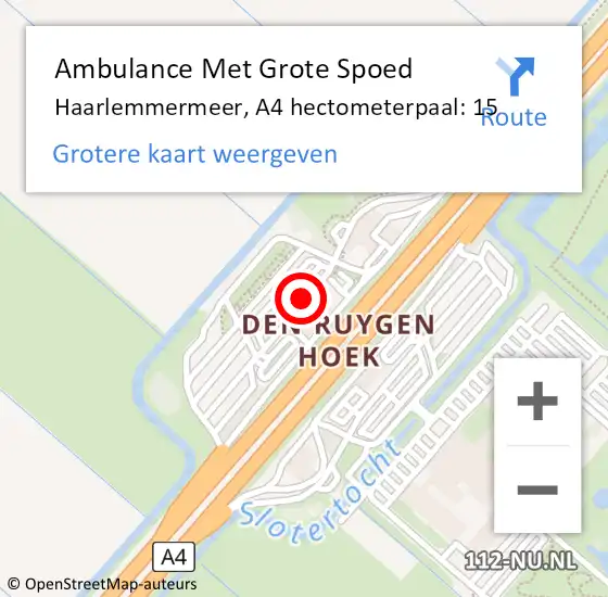 Locatie op kaart van de 112 melding: Ambulance Met Grote Spoed Naar Haarlemmermeer, A4 hectometerpaal: 15 op 13 januari 2024 18:37